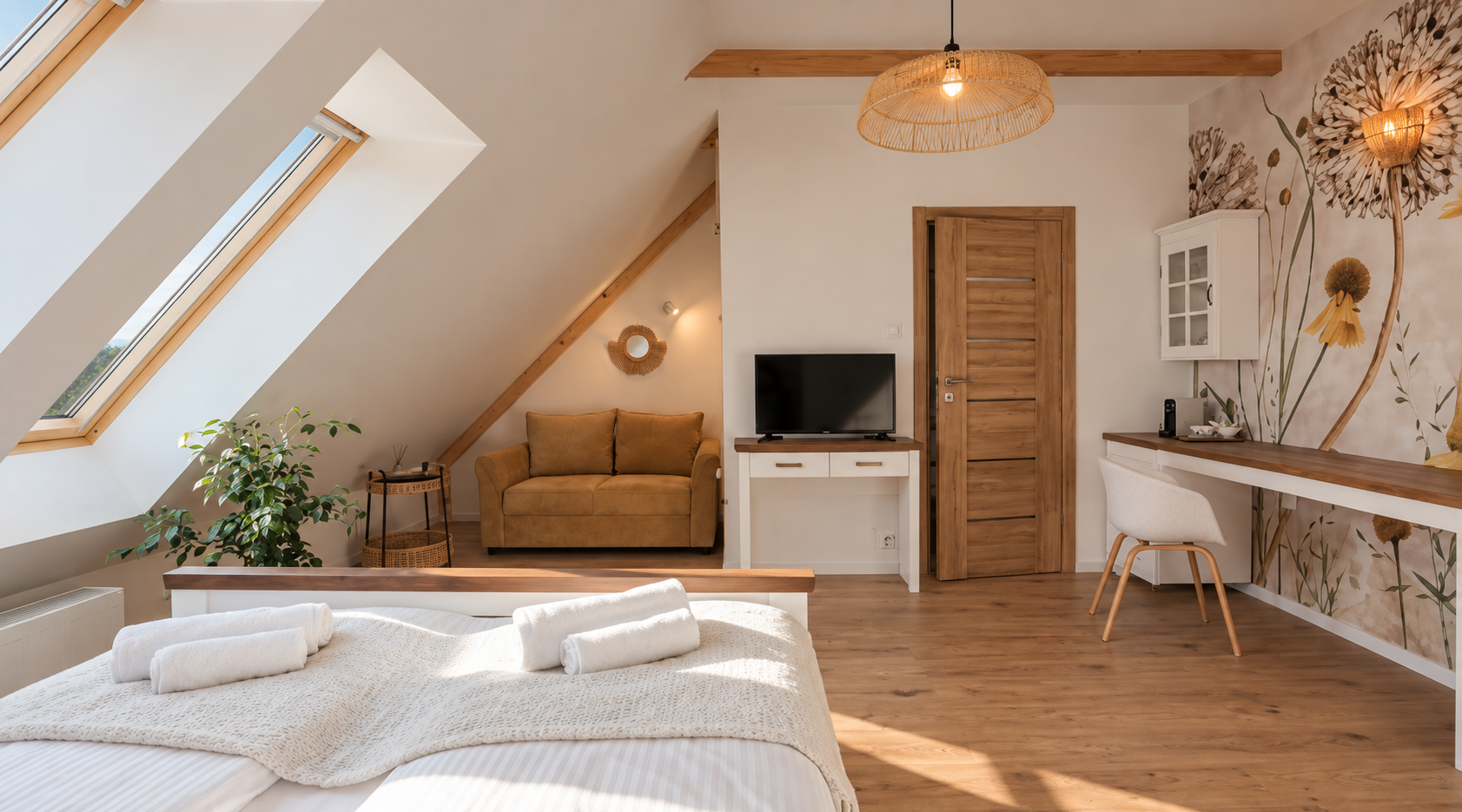 Apartament Słoneczna Jeżówka - przestronne poddasze z kątem do pracy